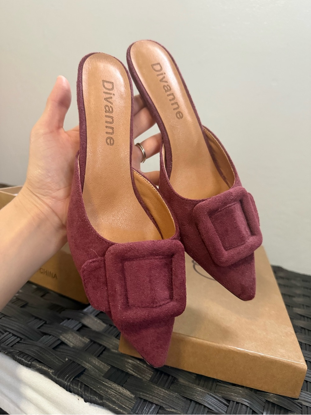 Amazon Womens Burgundy Pointed Suede Mule with Buckle Accent